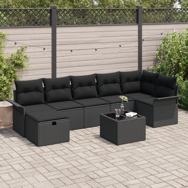 Havesofa Sæt med pude med opbevaring 8 pcs Sort polyrattan