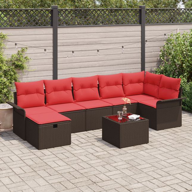Havesofa Sæt med pude 8 pcs Brun og Rød polyrattan
