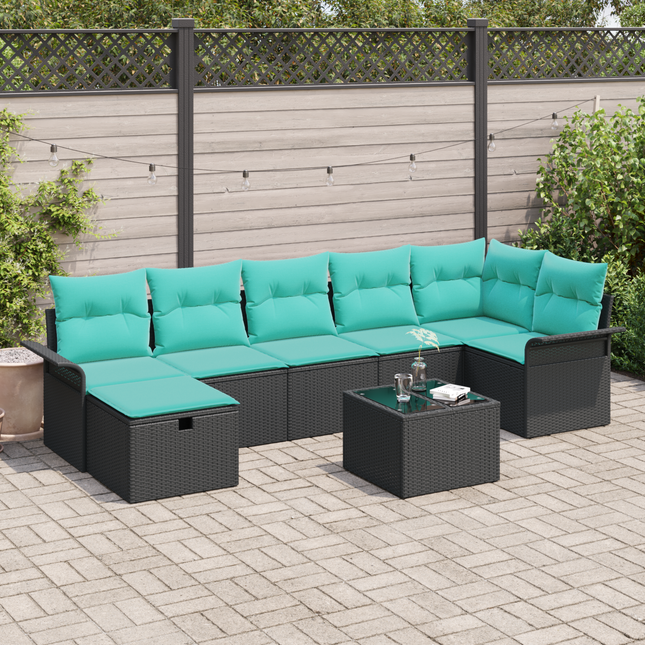 Havesofa Sæt med pude 8 pcs Sort og turkis polyrattan