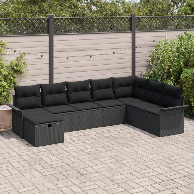 Havesofa Sæt med pude med opbevaring 8 pcs Sort polyrattan