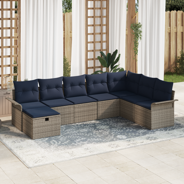 Havesofa Sæt med pude 8 pcs Grå og Marineblå polyrattan