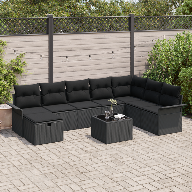 Havesofa Sæt med pude med opbevaring 9 pcs Sort polyrattan