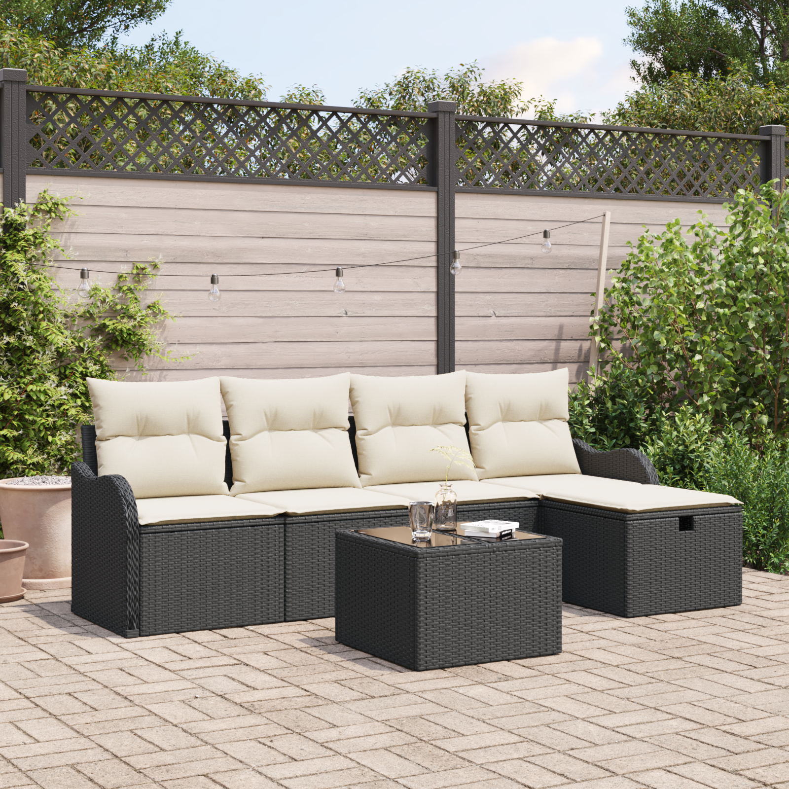Havesofa Sæt med pude 6 pcs Sort og Cream polyrattan