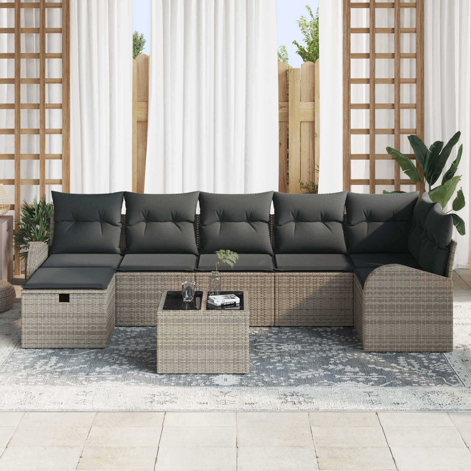 Sofa Sæt med pude med opbevaring Grå polyrattan