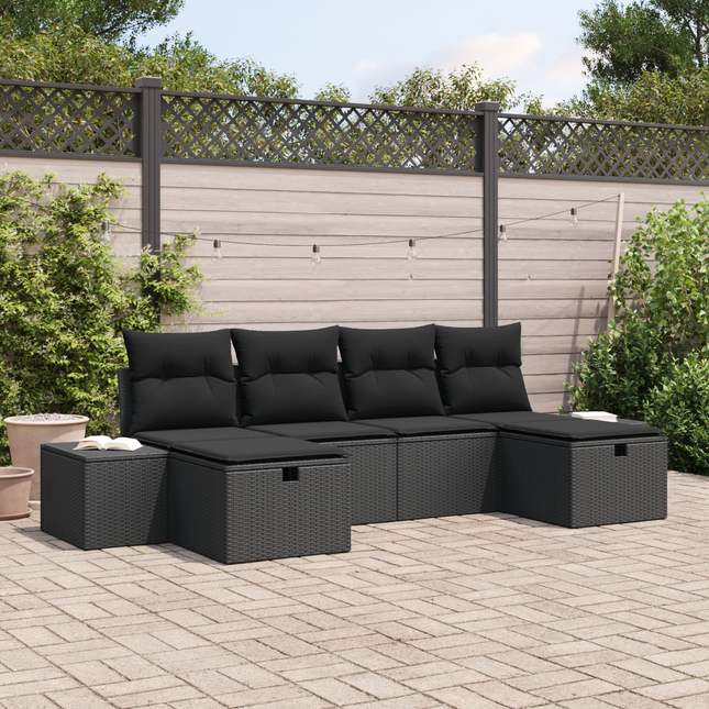 Havesofa Sæt med pude med opbevaring 6 pcs Sort polyrattan