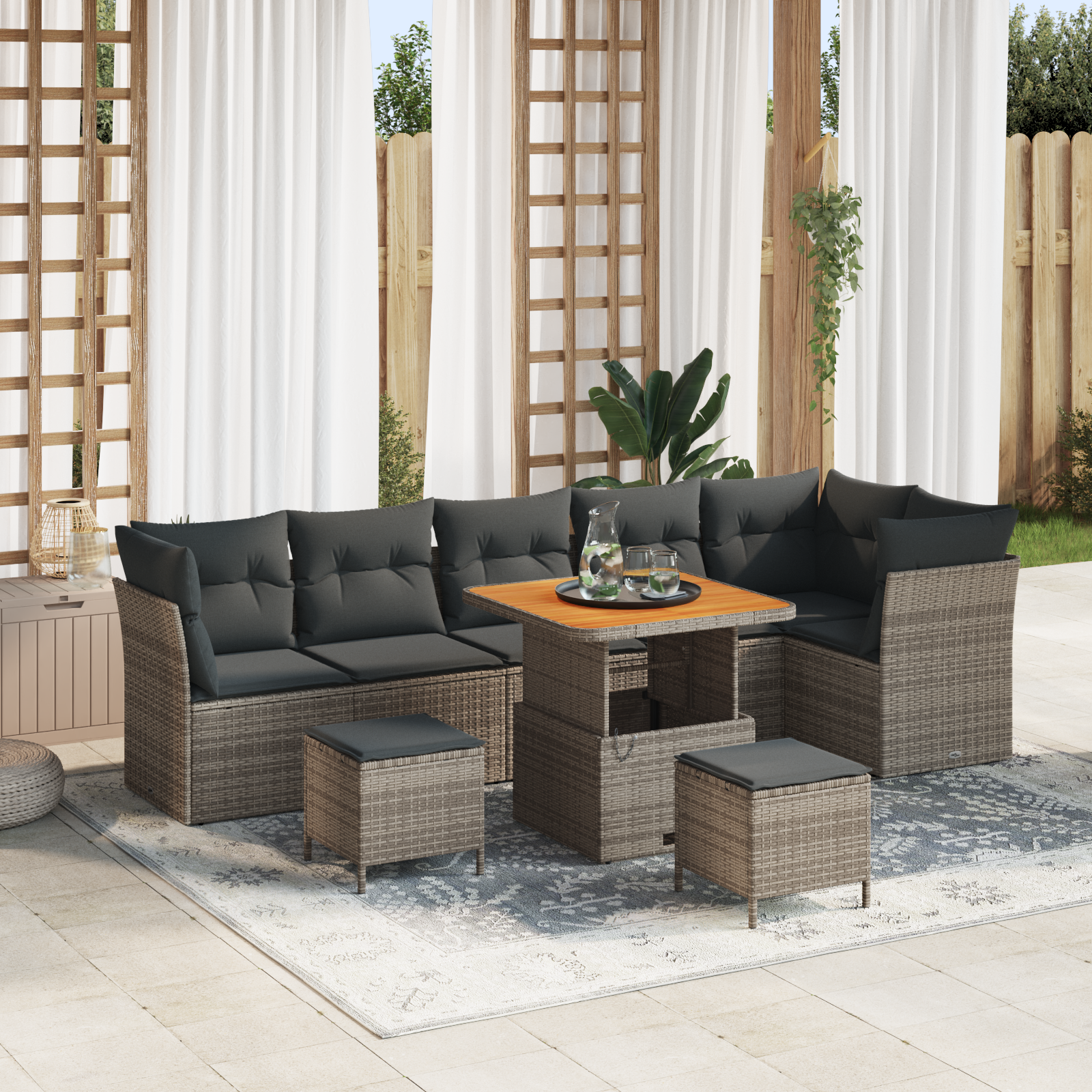 Havesofa Sæt 9 pcs Grå Poly rattan og pulverlakeret stål