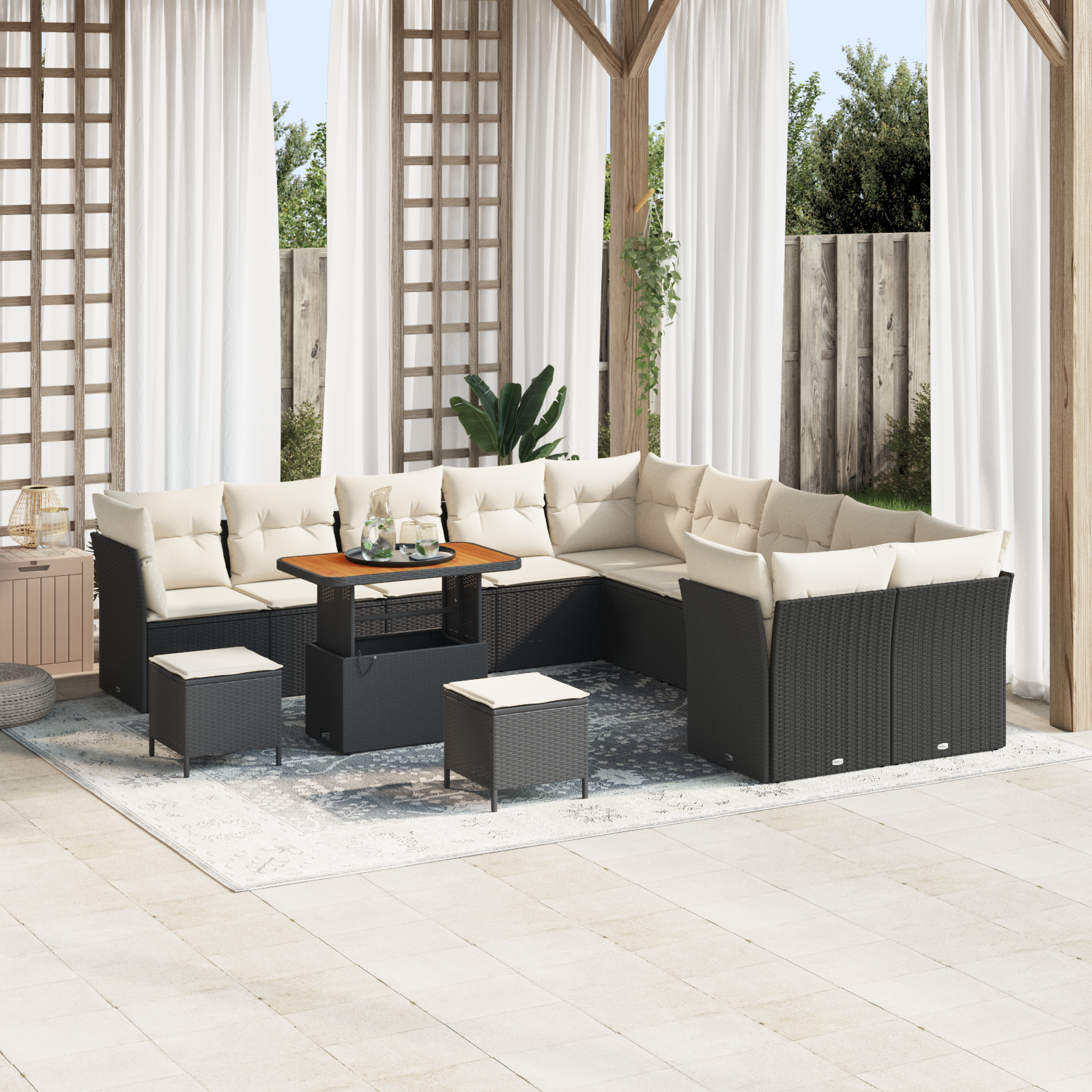 Havesofa Sæt med pude med opbevaring 13 pcs Sort og cremefarvet