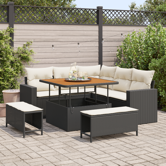 Havesofa Sæt med pude 9 pcs Sort og Cream polyrattan