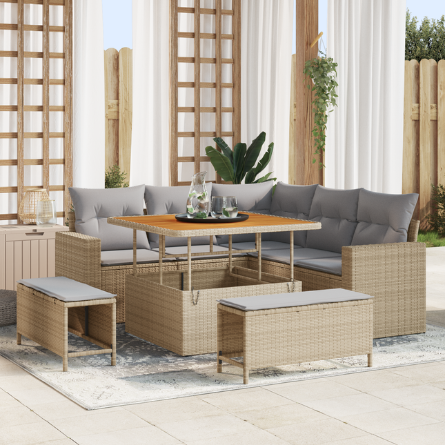 Havesofa Sæt med pude 9 pcs Beige og lys grå polyrattan