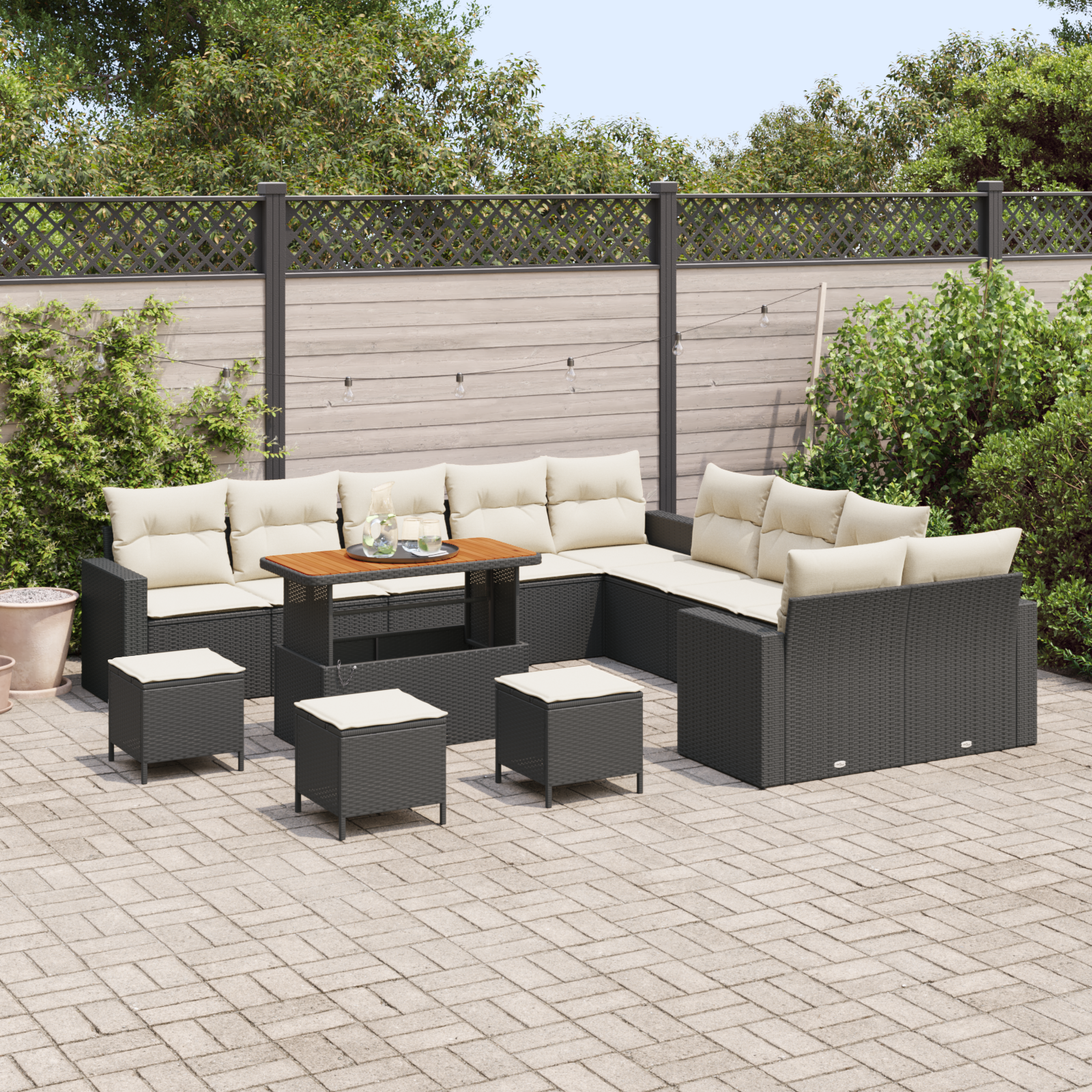 Havesofa Sæt med pude 18 pcs Sort og Cream polyrattan