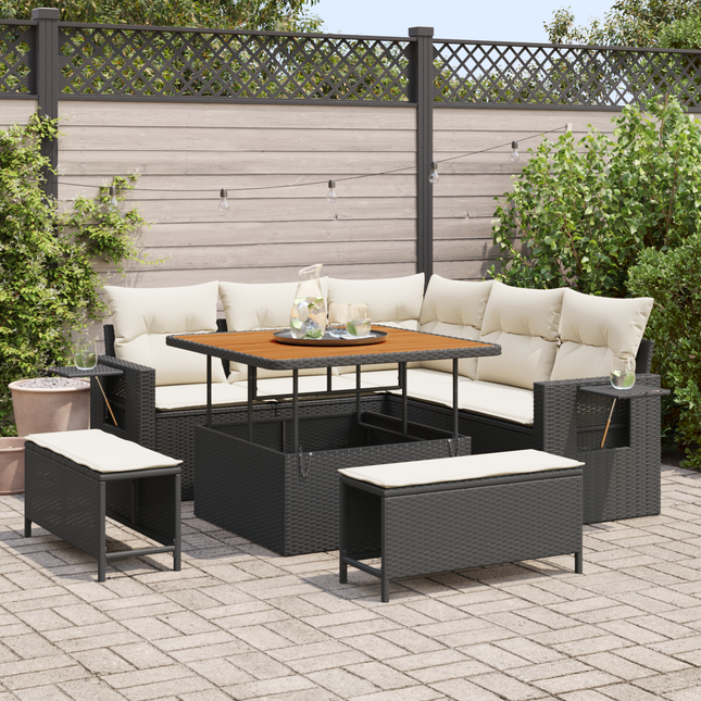 Havesofa Sæt med pude 9 pcs Sort og Cream polyrattan