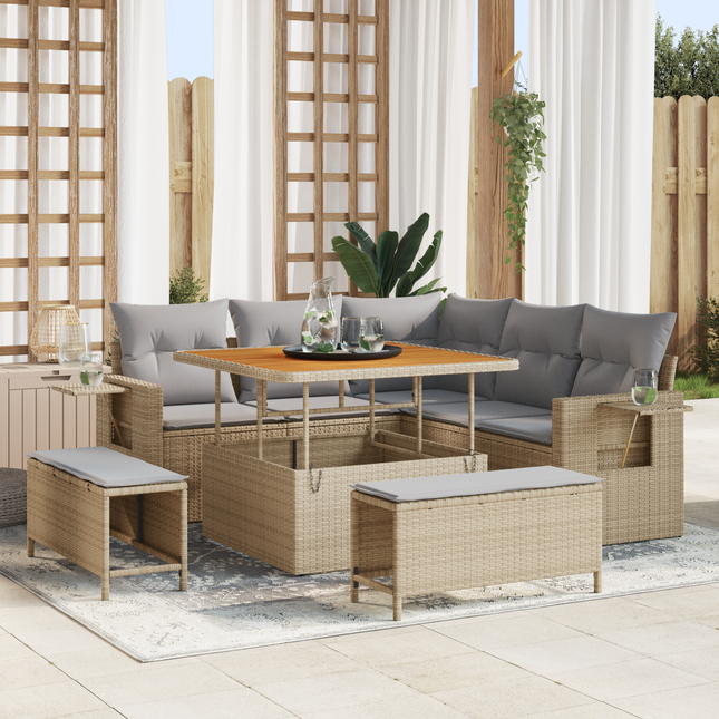 Havesofa Sæt med pude 9 pcs Beige og lys grå polyrattan