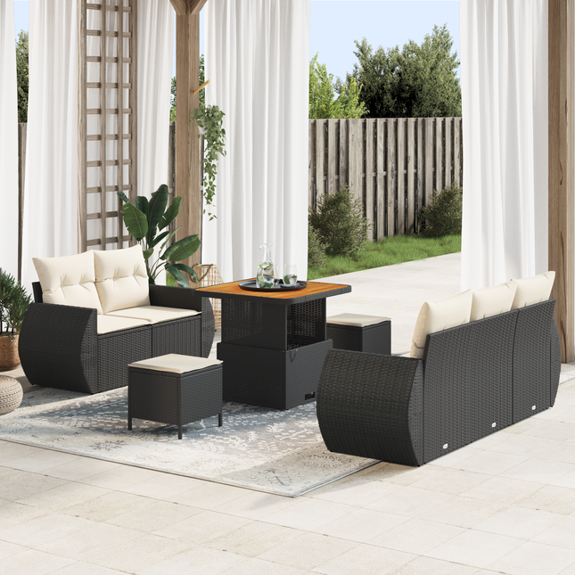 Havesofa Sæt med pude med pude 8 pcs Sort og Cream polyrattan