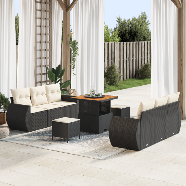 Havesofa Sæt med pude med pude 9 pcs Sort og Cream polyrattan