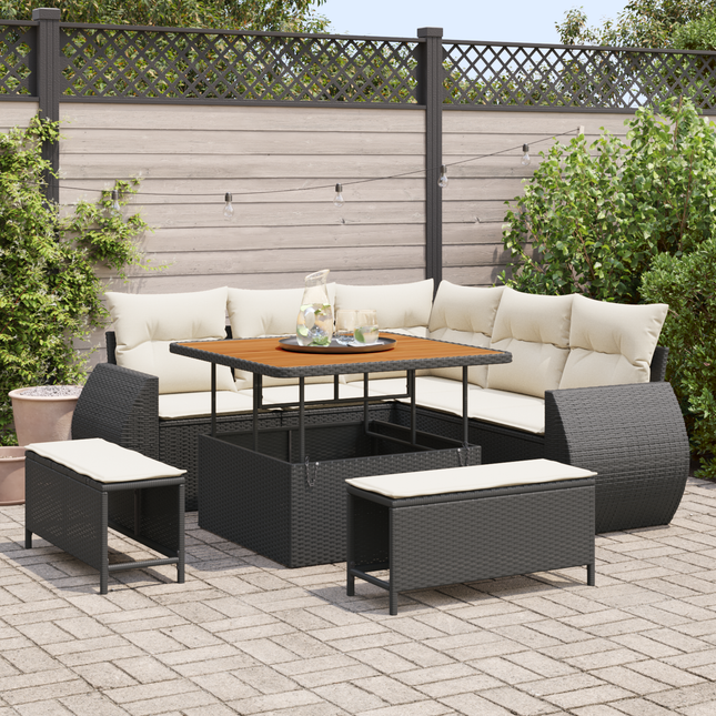 Havesofa Sæt med pude med pude 8 pcs Sort og Cream polyrattan