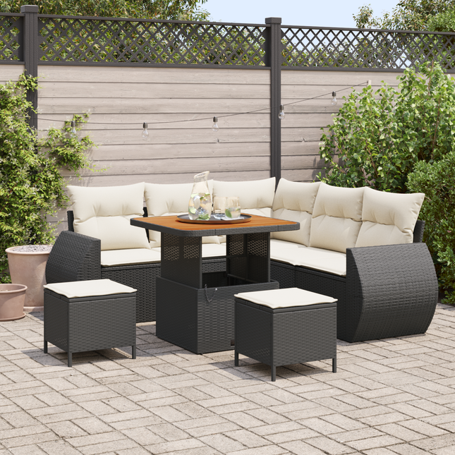 Havesofa Sæt med pude med pude 8 pcs Sort og Cream polyrattan