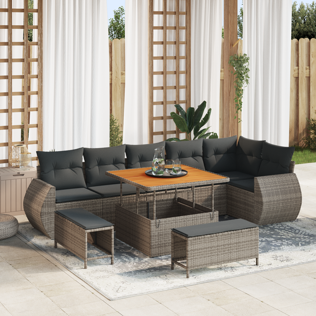 Havesofa Sæt med pude med opbevaring 9 pcs Grå Poly Rattan