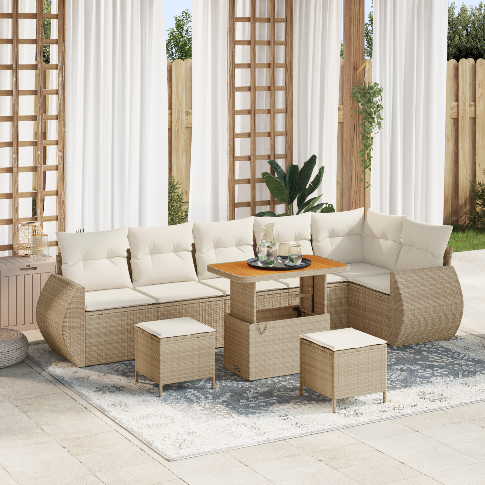Havesofa Sæt med pude med pude 9 pcs Beige og creme Poly Rattan