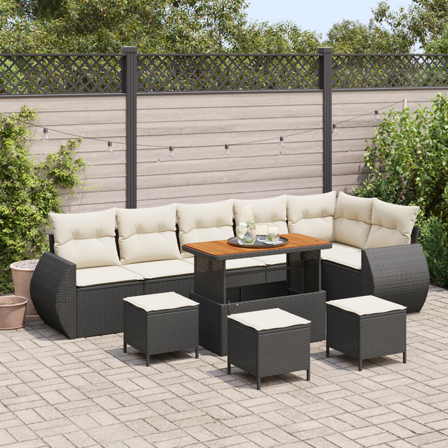Havesofa Sæt med pude med pude 10 pcs Sort og Cream Poly Rattan
