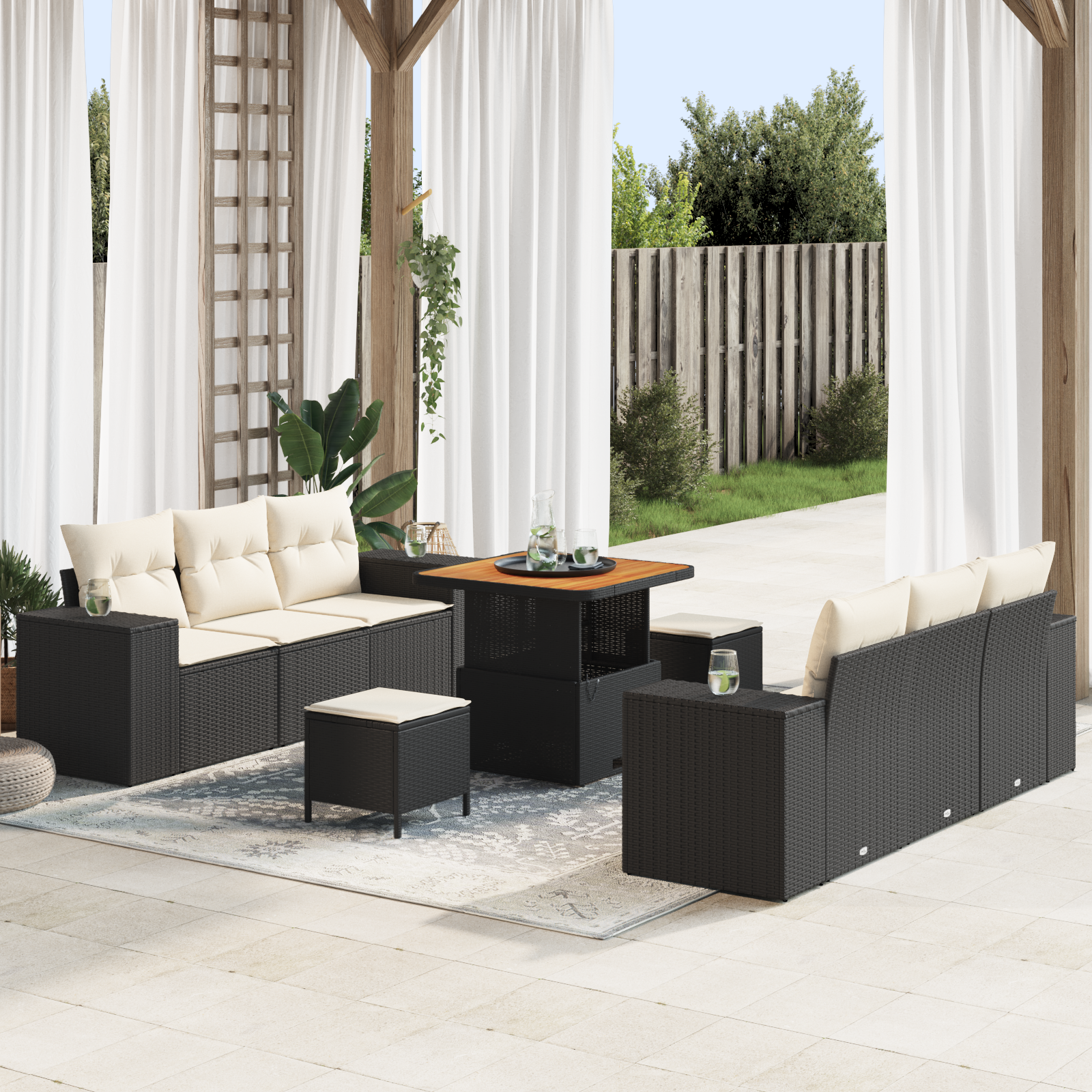 Havesofa Sæt Sort og Cream 221 x 204 x 85 cm Poly Rattan