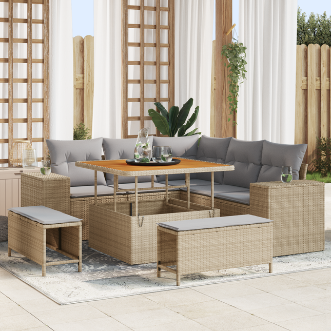 Havesofa Sæt med pude 8 pcs Beige og lys grå polyrattan
