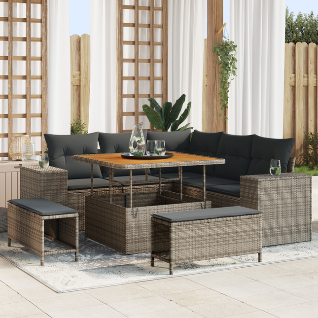 Havesofa Sæt med pude med opbevaring 8 pcs Grå polyrattan