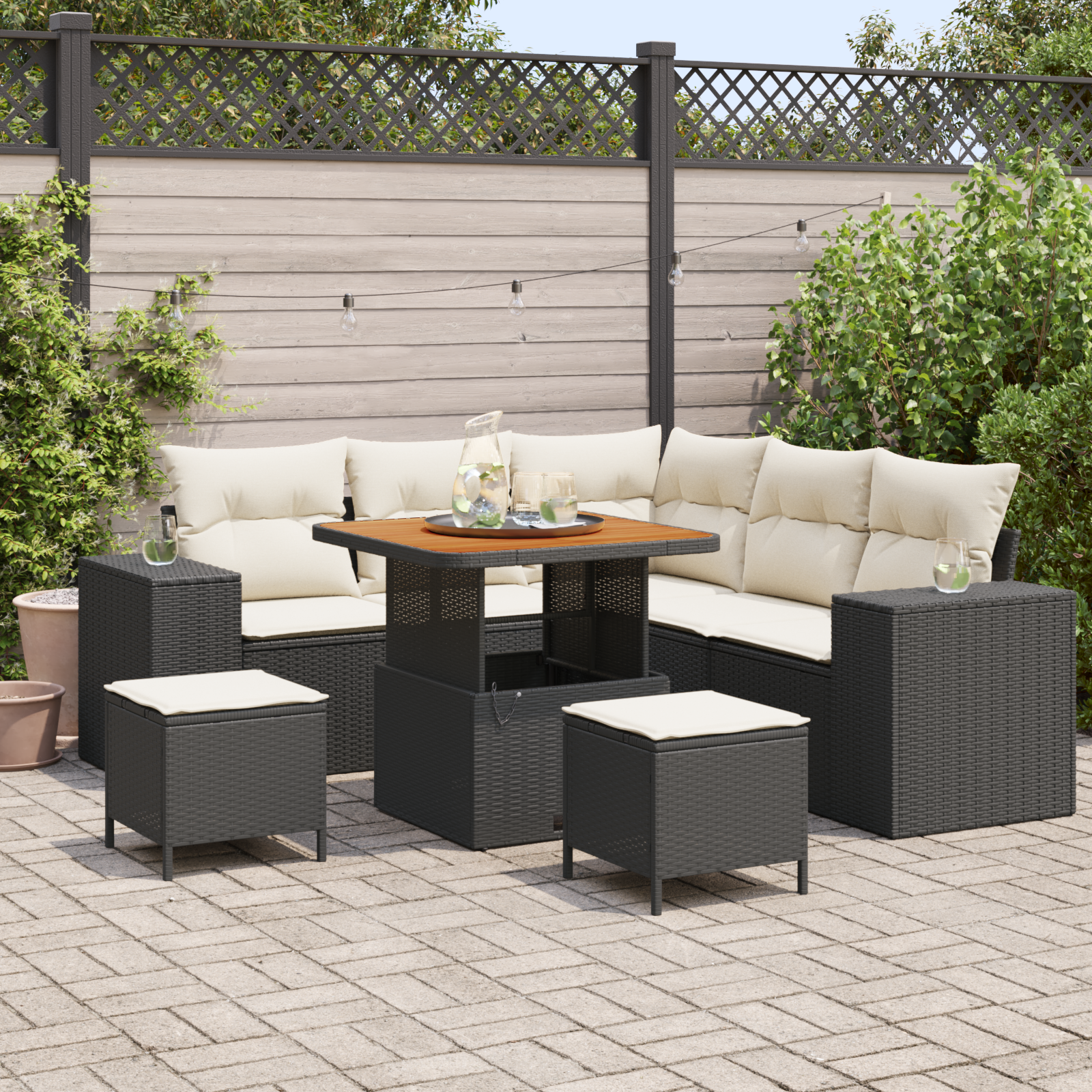 Havesofa Sæt med pude 8 pcs Sort og Cream polyrattan