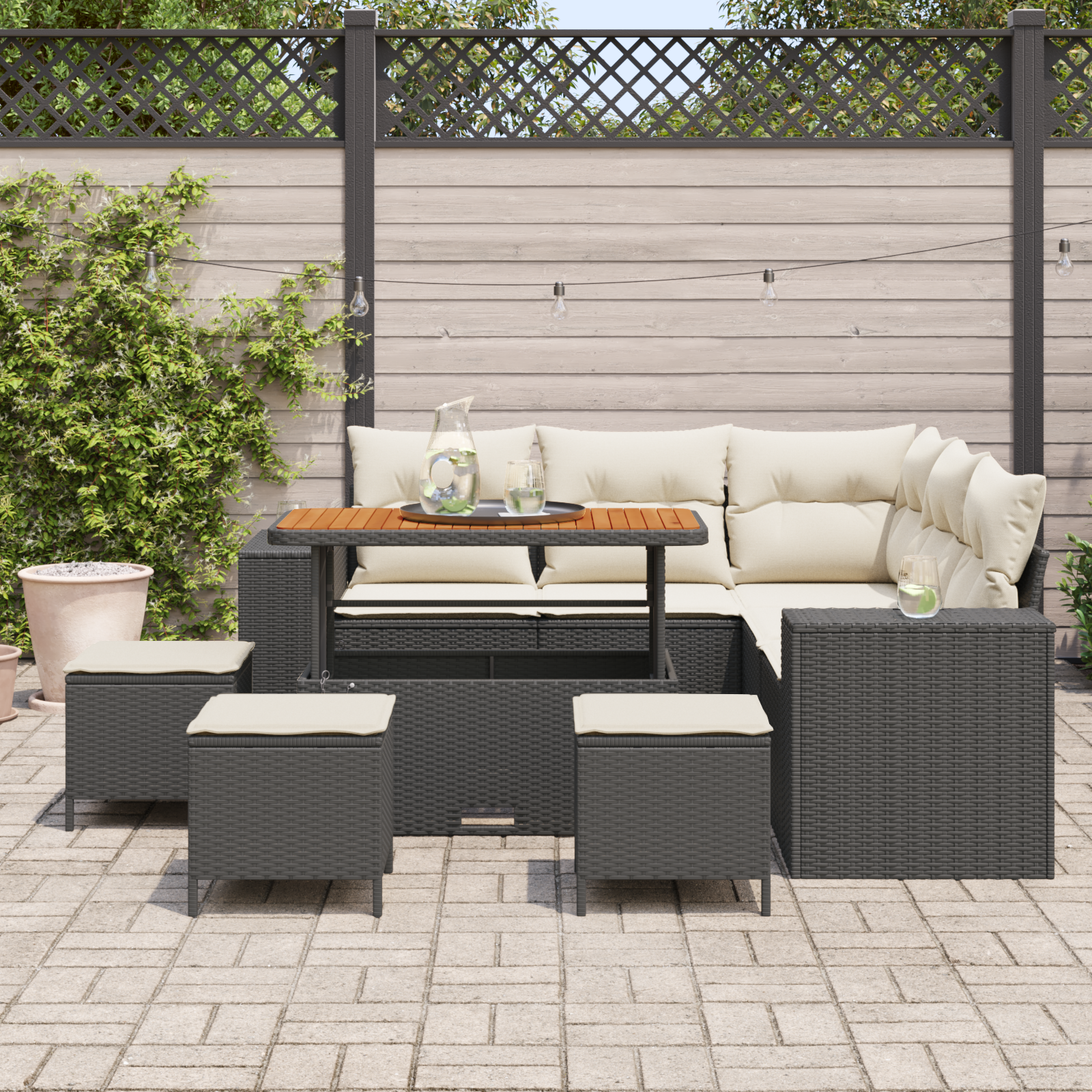 Havesofa Sæt med pude 9 pcs Sort og Cream polyrattan