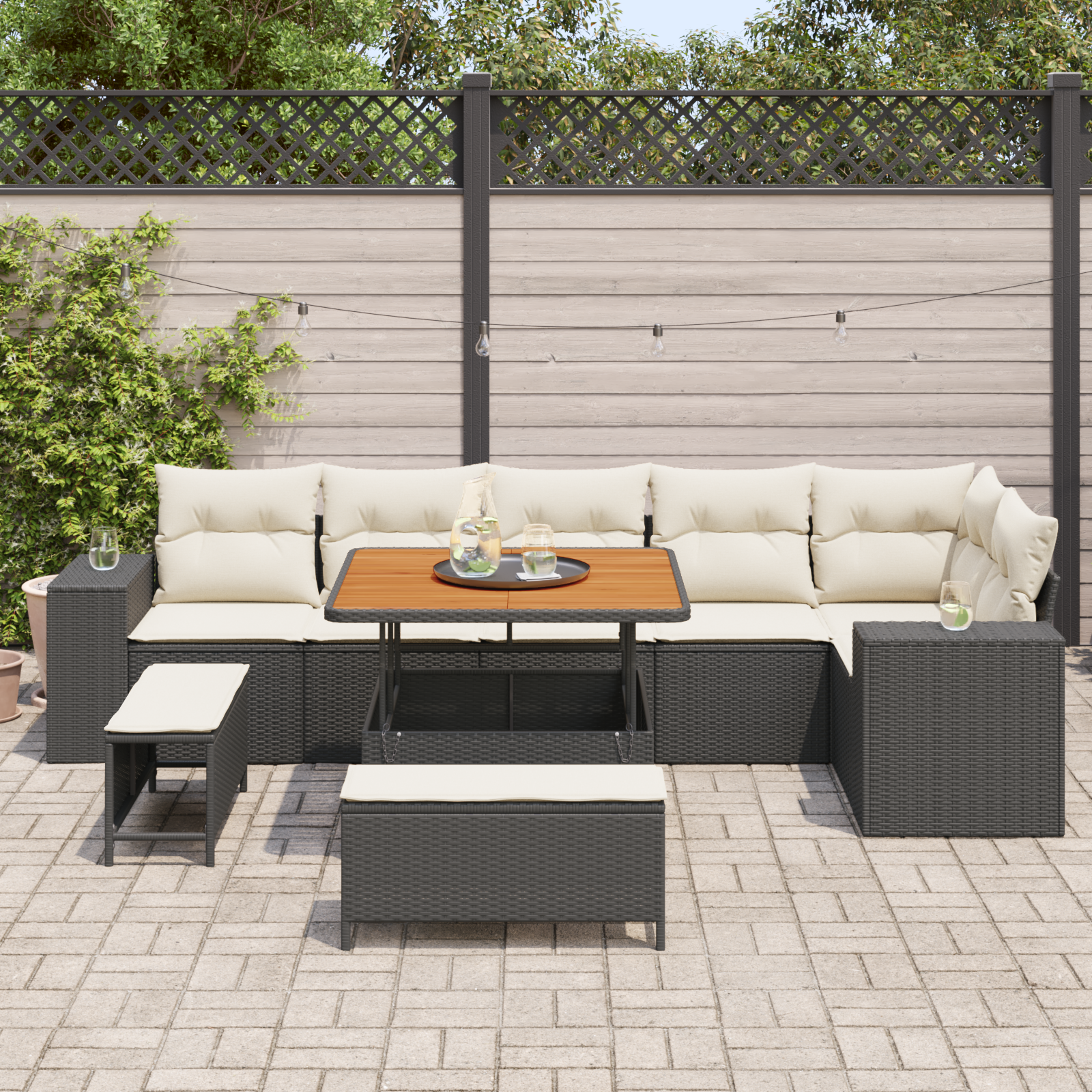Havesofa Sæt med pude 9 pcs Sort og Cream polyrattan