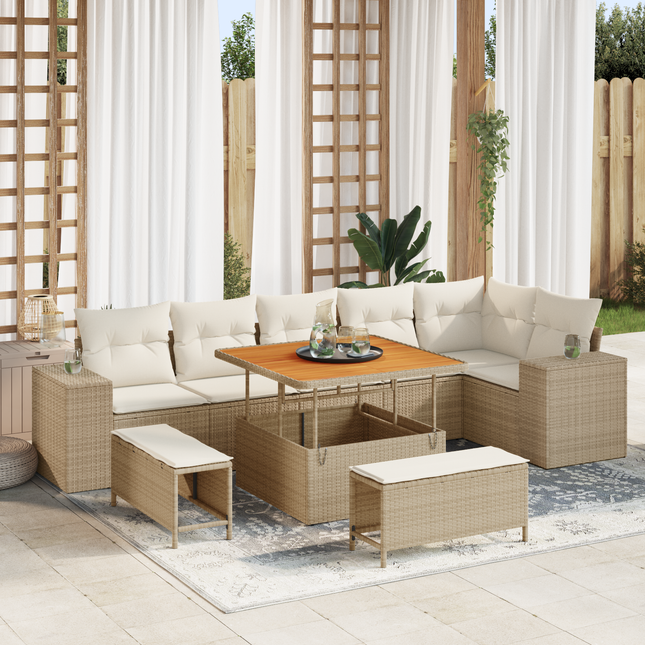 Havesofa Sæt med pude 9 pcs Beige og creme polyrattan