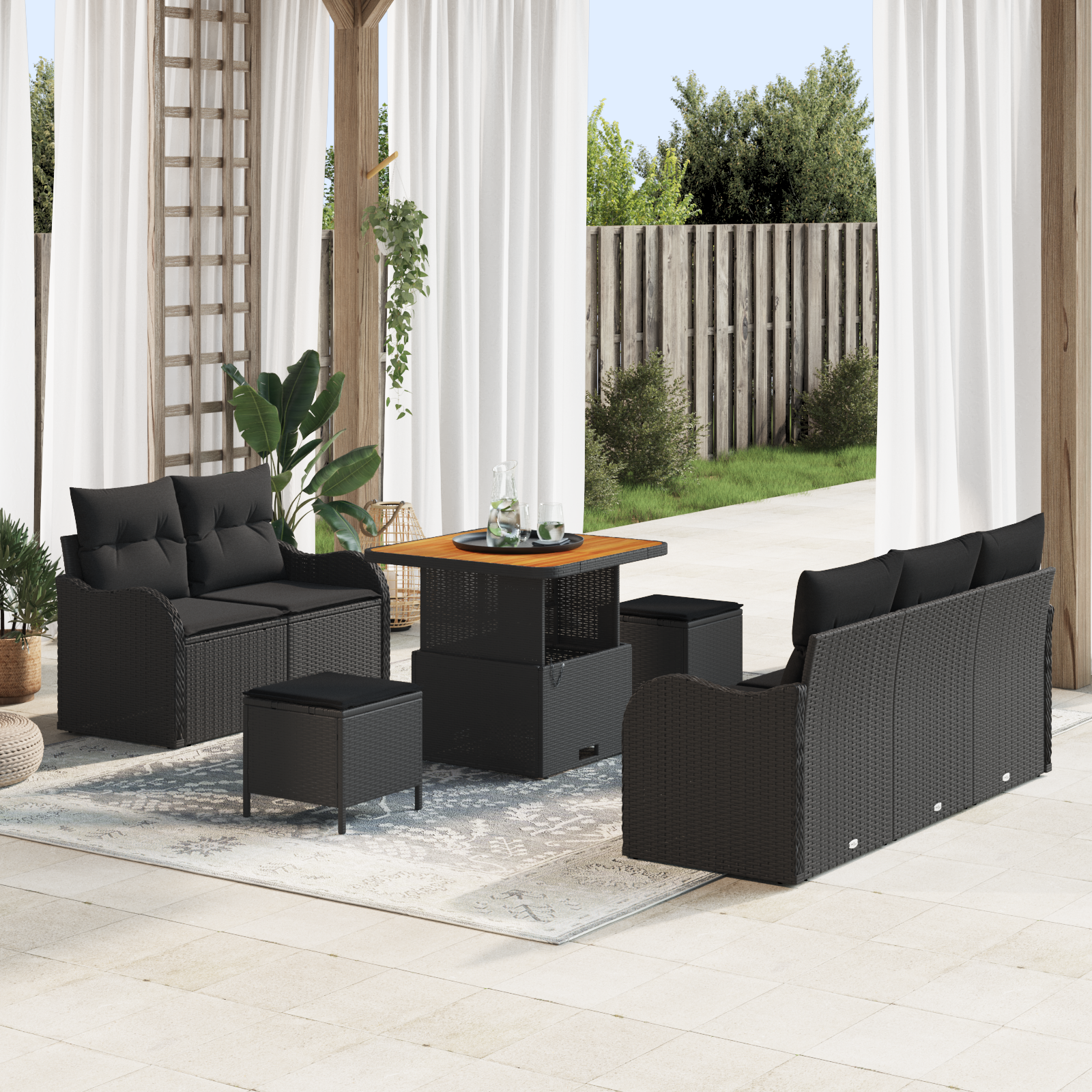 Havesofa Sæt 8 pcs Sort Polyrattan, stål og massivt akacietræ