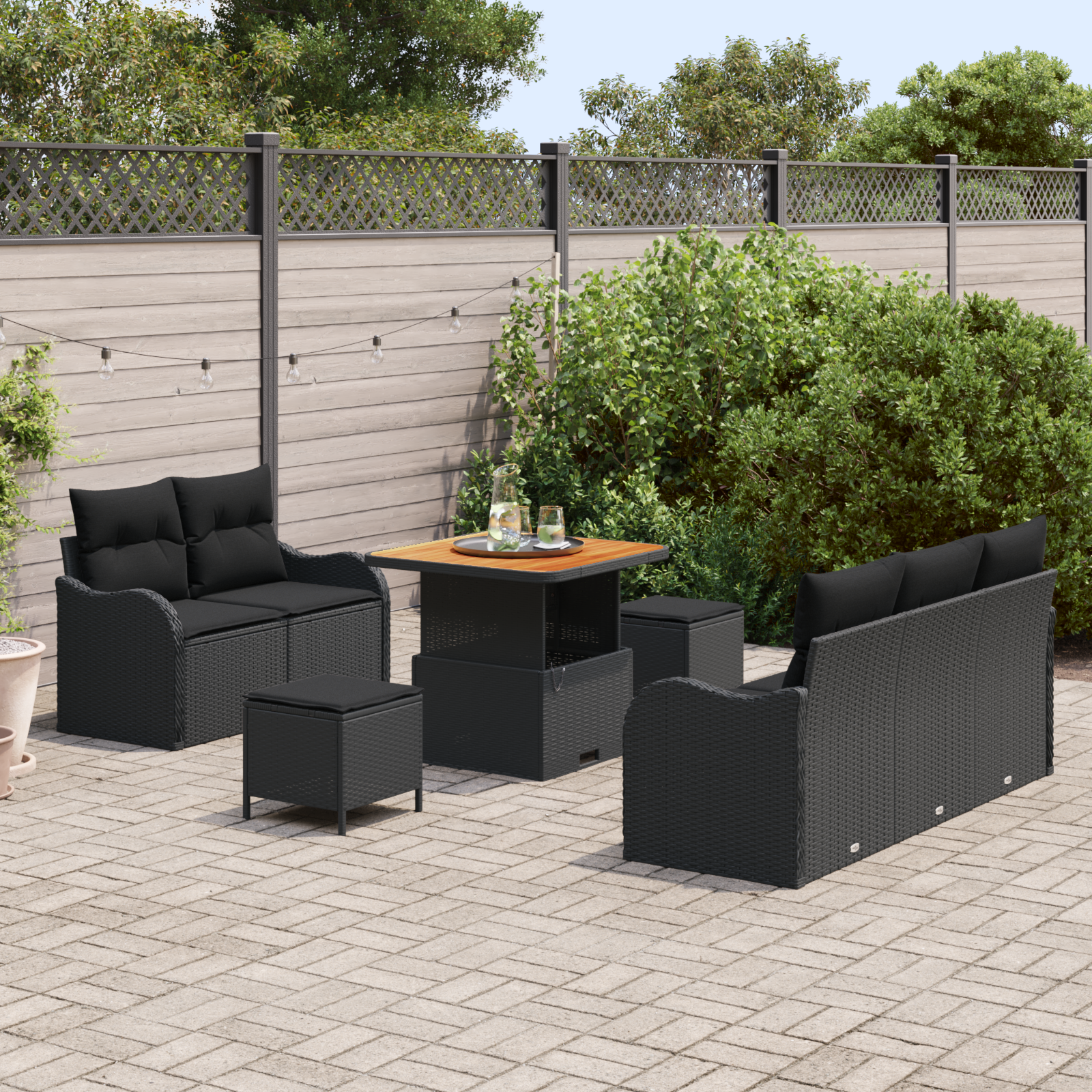 Havesofa Sæt 8 pcs Sort Polyrattan, stål og massivt akacietræ