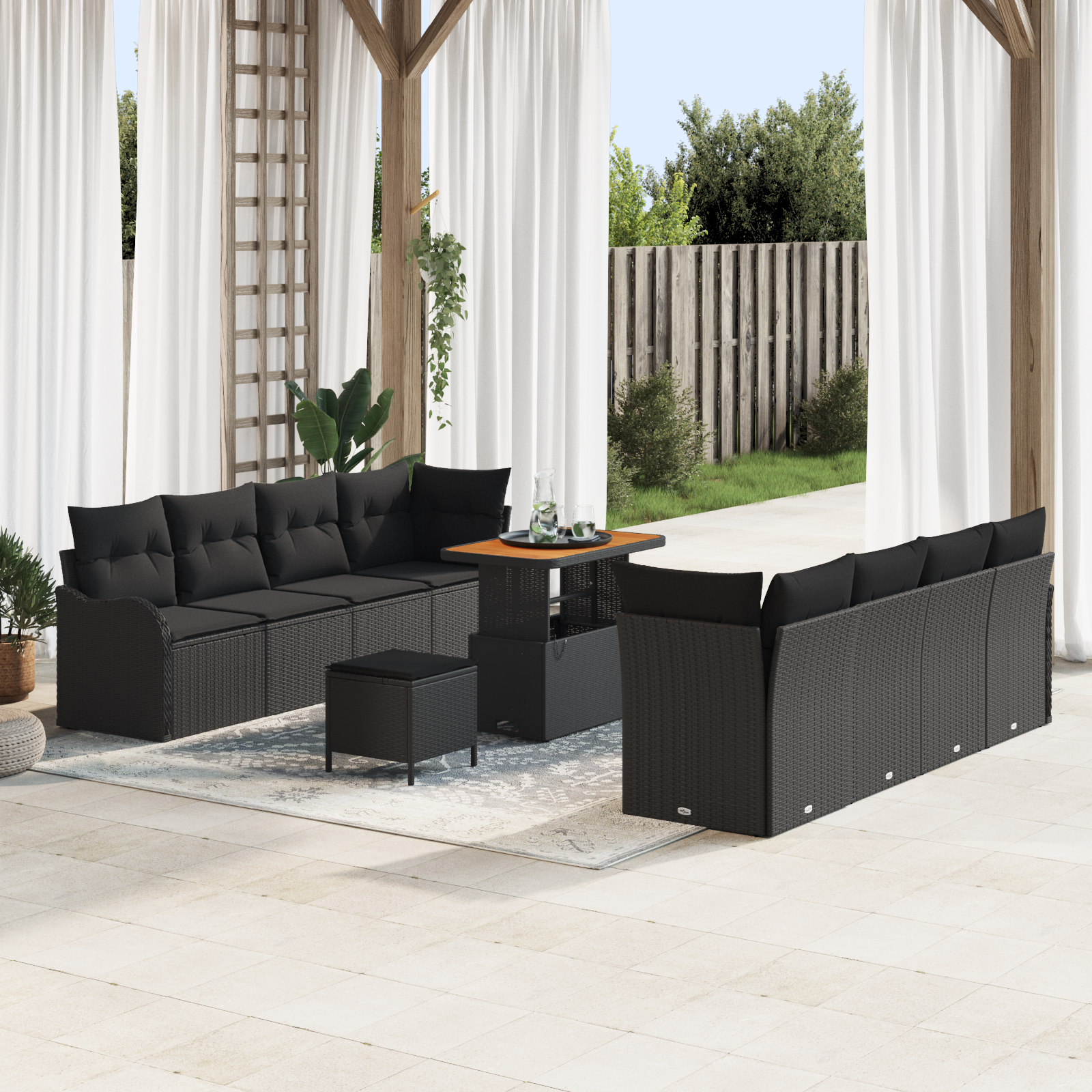 Havesofa Sæt 11 pcs Sort Polyrattan, stål og massivt akacietræ