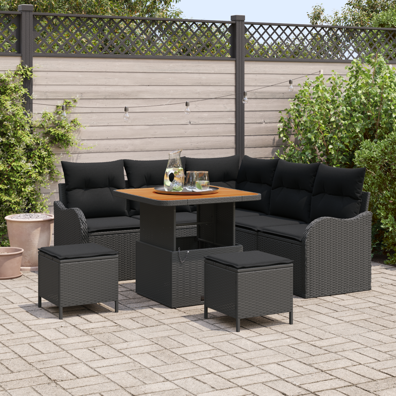 Havesofa Sæt 8 pcs Sort Polyrattan, stål og massivt akacietræ