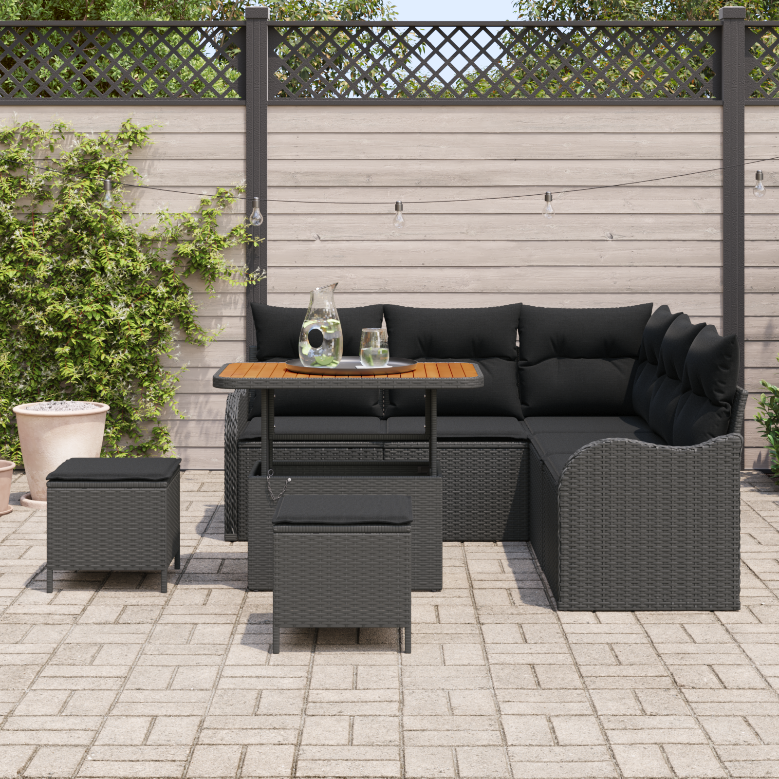 Havesofa Sæt 8 pcs Sort Polyrattan, stål og massivt akacietræ