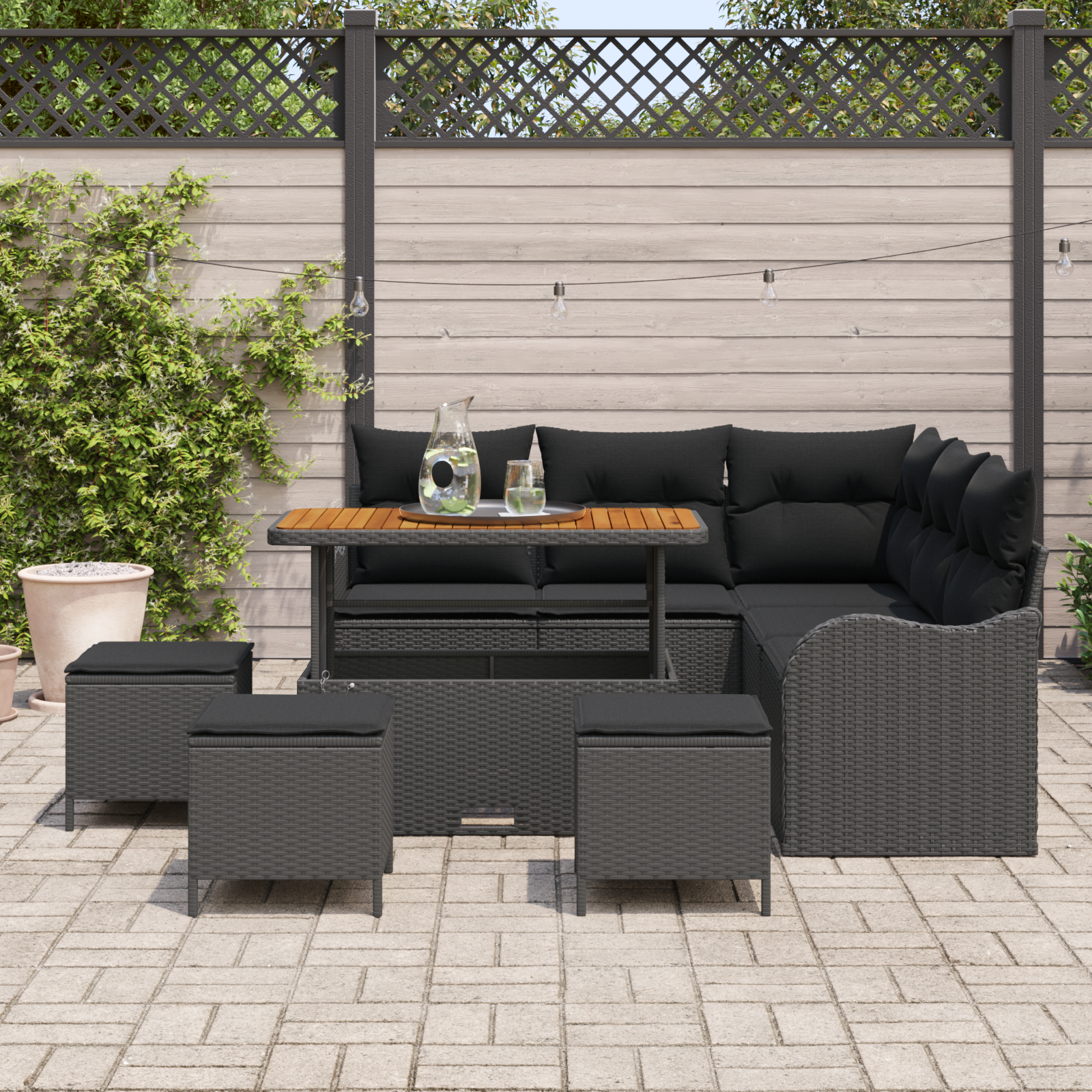 Havesofa Sæt 9 pcs Sort Polyrattan, stål og massivt akacietræ