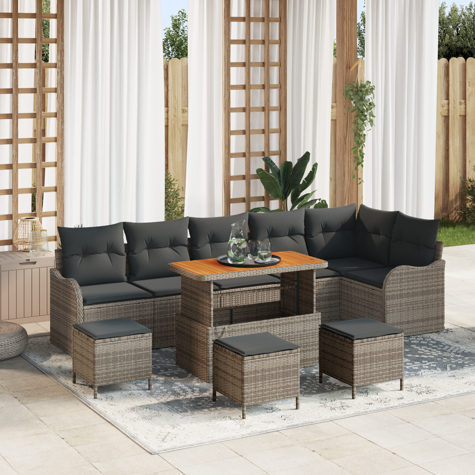 Havesofa Sæt 10 pcs Grå Polyrattan, stål og massivt akacietræ