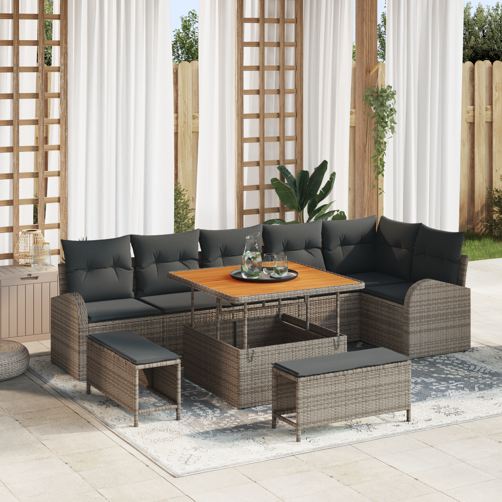 Havesofa Sæt 9 pcs Grå Polyrattan, stål og massivt akacietræ