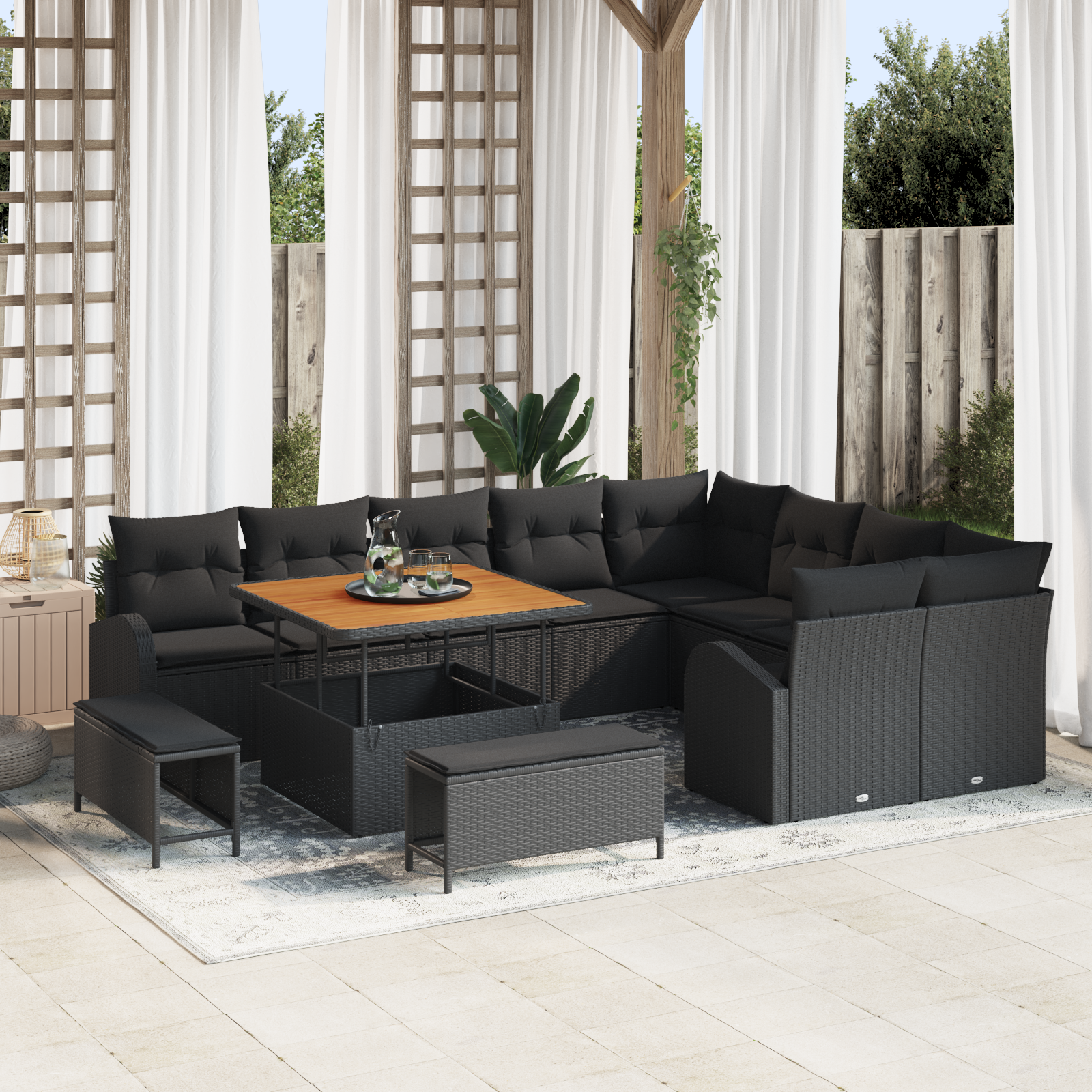 Havesofa Sæt 12 pcs Sort Polyrattan, stål og massivt akacietræ
