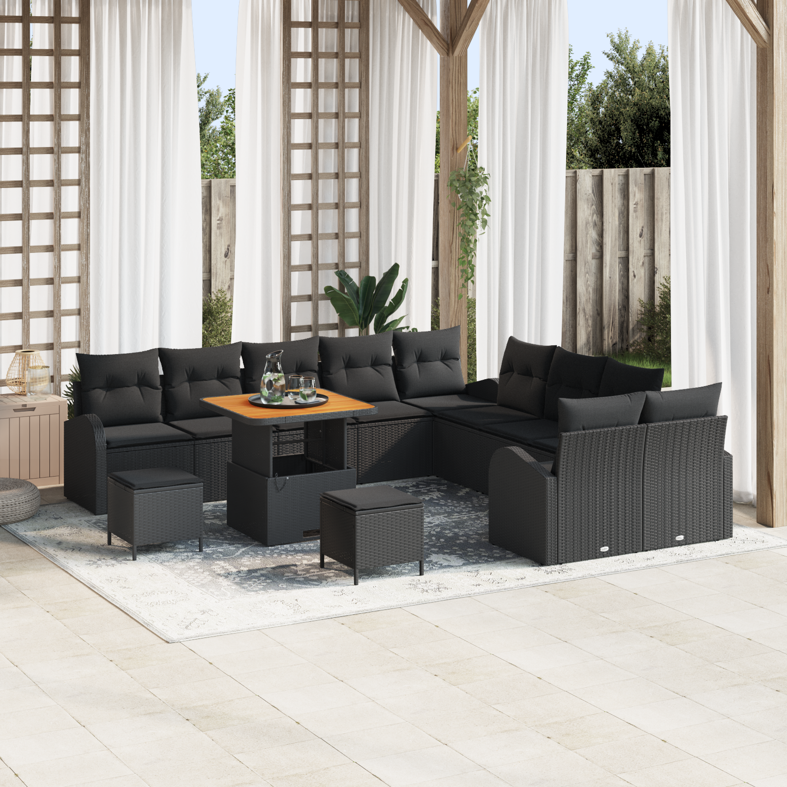 Havesofa Sæt 13 pcs Sort Polyrattan, stål og massivt akacietræ