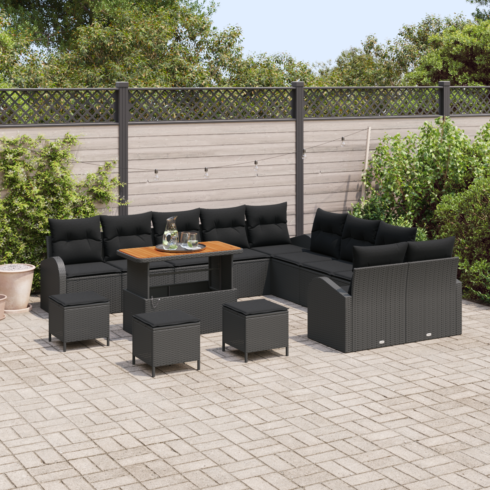 Havesofa Sæt 14 pcs Sort Polyrattan, stål og massivt akacietræ