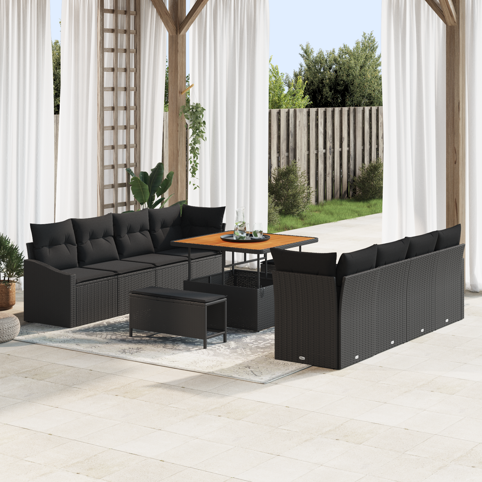 Havesofa Sæt 11 pcs Sort Polyrattan, stål og massivt akacietræ