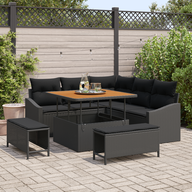 Havesofa Sæt med pude med opbevaring 8 pcs Sort Poly rattan