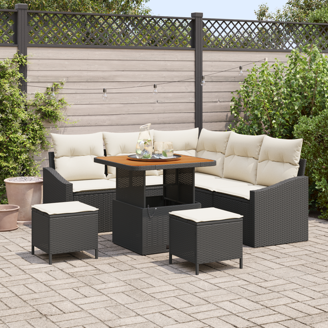 Havesofa Sæt med pude med opbevaring 8 pcs Sort Poly rattan