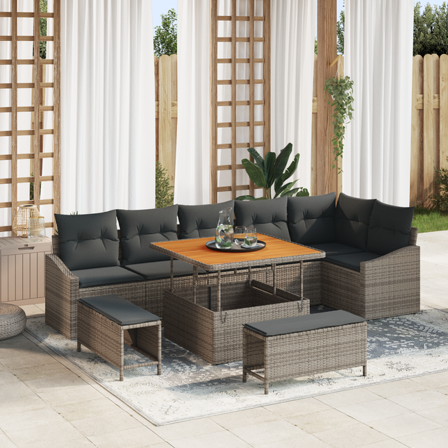 Havesofa Sæt med pude med opbevaring 9 pcs Grå Poly rattan