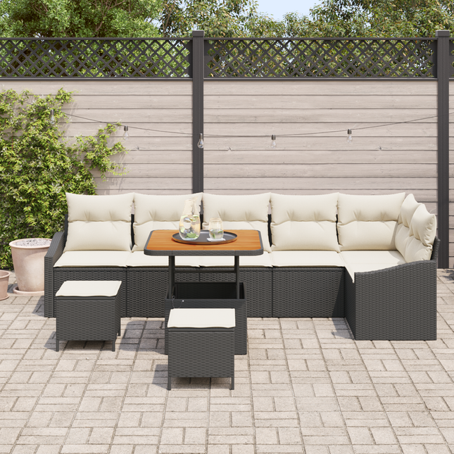 Havesofa Sæt med pude med opbevaring 9 pcs Sort Poly rattan