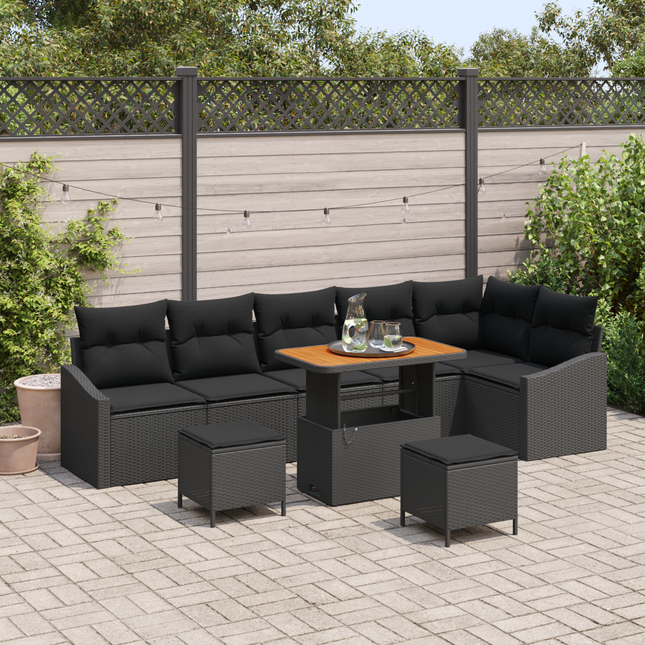 Havesofa Sæt med pude med opbevaring 9 pcs Sort Poly rattan