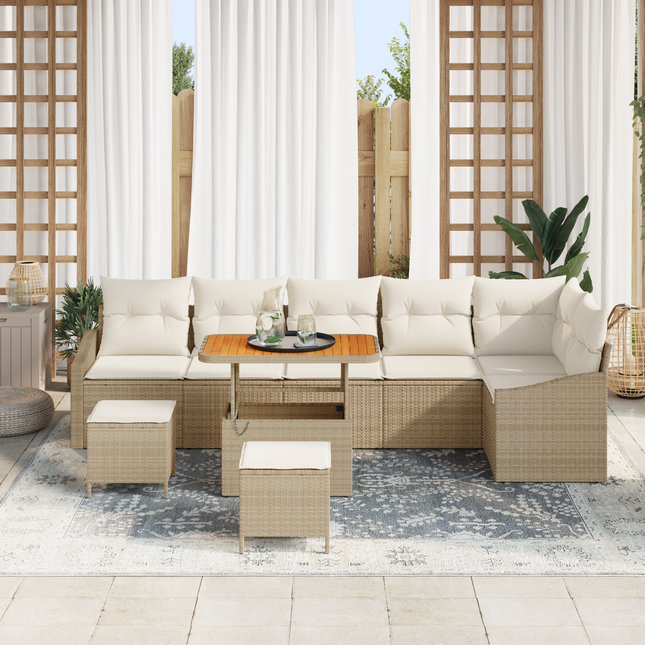 Havesofa Sæt med pude med opbevaring 9 pcs Beige Poly rattan