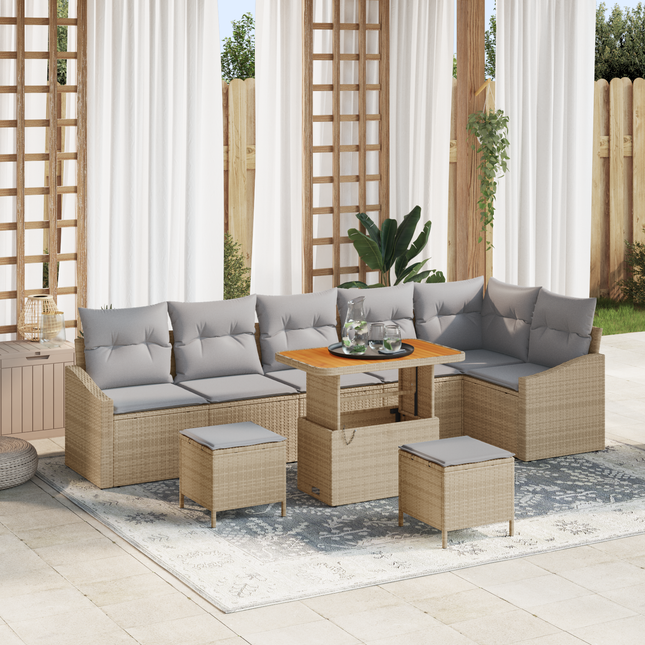 Havesofa Sæt med pude med opbevaring 9 pcs Beige Poly rattan