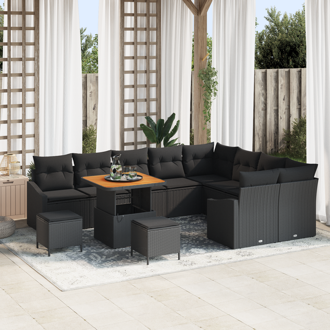 Havesofa Sæt med pude med opbevaring 12 pcs Sort Poly rattan